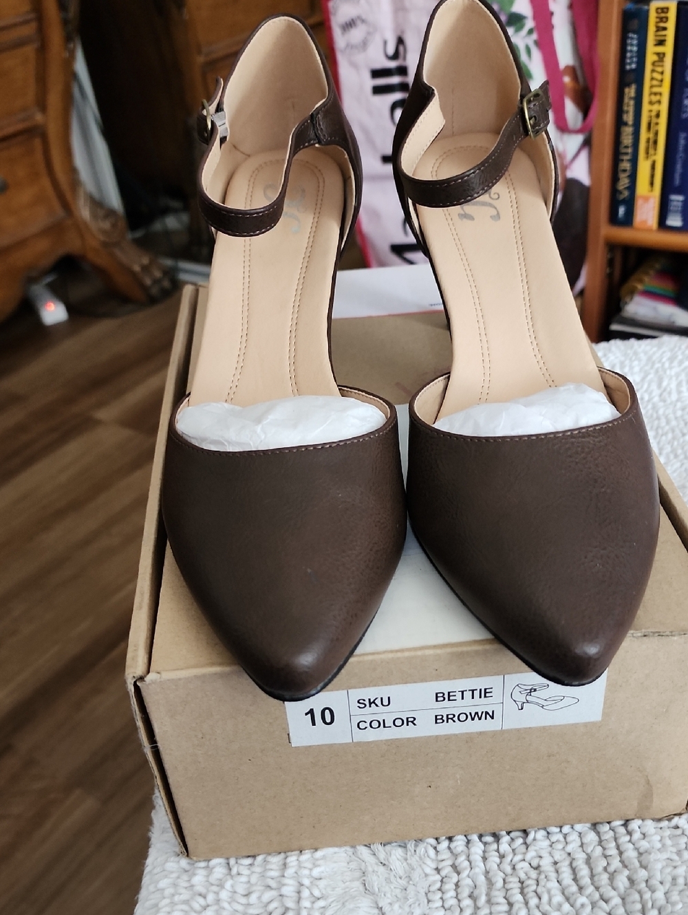 Bettie Page Brown Pointed Toe Ankle-Strap Heels